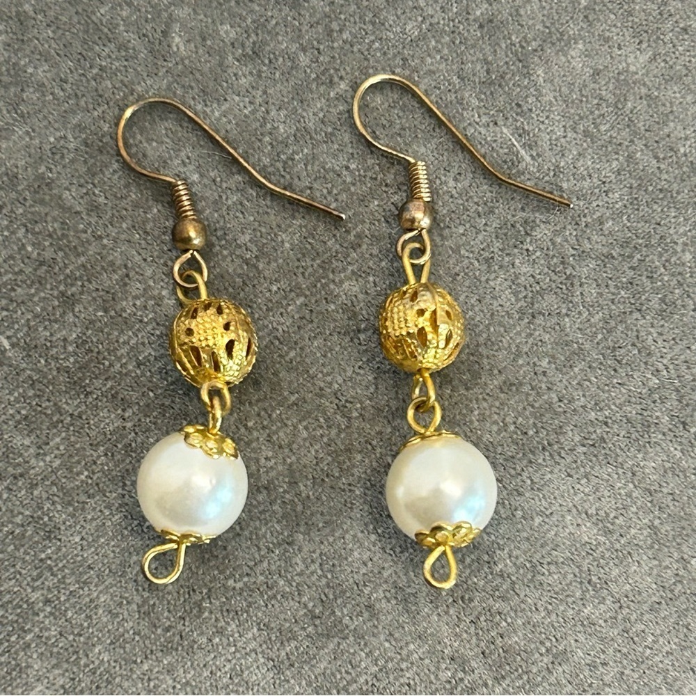 Gold tone beaded faux pearl dangling earrings